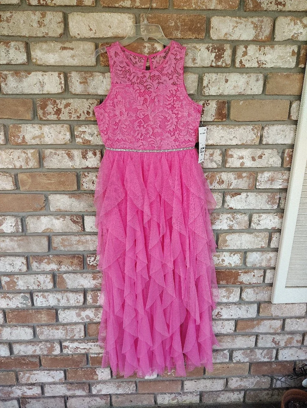 Rare Editions Girls Sz 16 Pink Glitter Lace Tiered Mesh Maxi Dress NWT Holiday